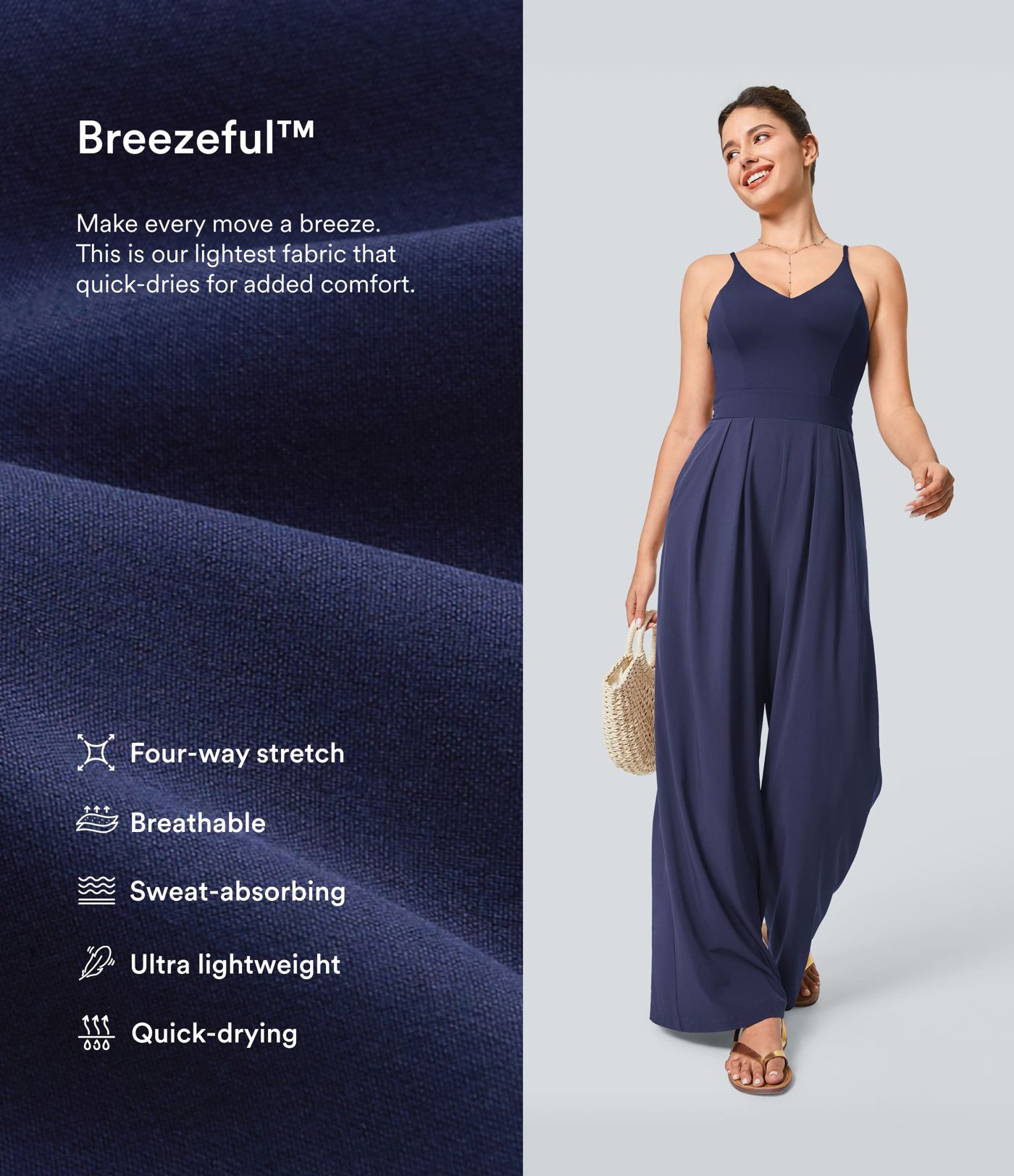 Breezeful™ Backless Side Invisible Zipper Pocket Wide Leg Quick Dry Resort Slip Jumpsuit