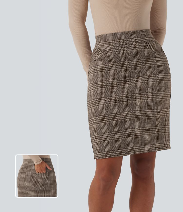 High Waisted Bodycon Houndstooth Plaid Mini Work Skirt with Pockets