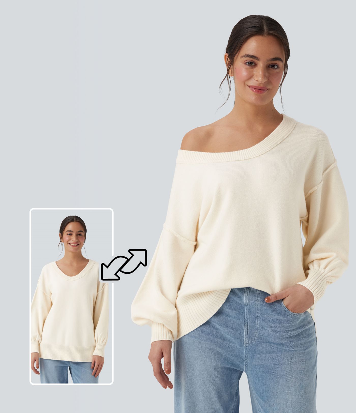 Pull casual col V épaules tombantes manches longues avec fentes