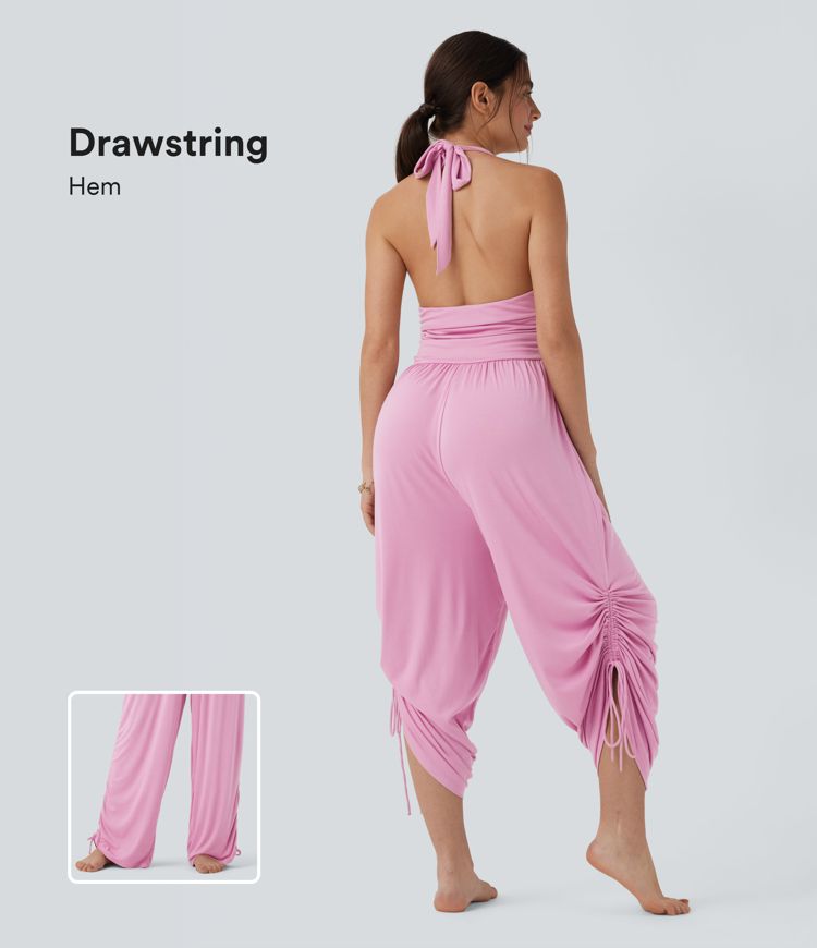 Ribbed Halter Tie Back Drawstring Resort Jumpsuit with Pockets