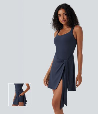 SoftlyZero™ Airy Sleeveless Tie Front 2-in-1 Cool Touch Mini Workout Dress with Pockets
