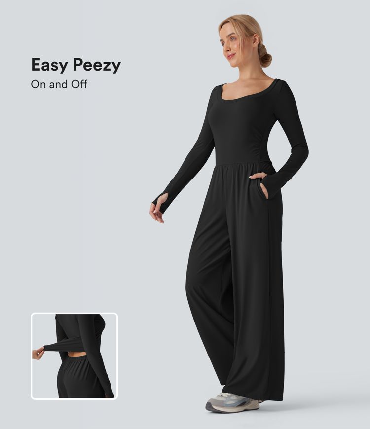 SoftlyZero™ Airy Long Sleeve Thumb Hole Cool Touch Workout Jumpsuit with Pockets-Easy Peezy Edition