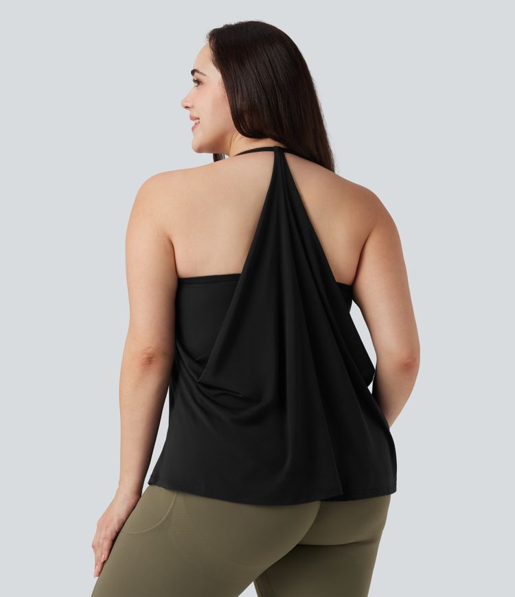 Plus Size SoftlyZero™ Airy Halter Draped Cool Touch Yoga Sports Top-UPF50+