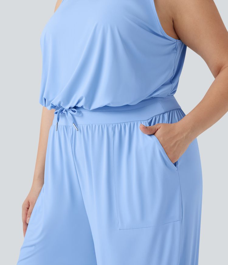 Plus Size Cut Out Drawstring Cool Touch Yoga Jumpsuit with Pockets-UPF50+