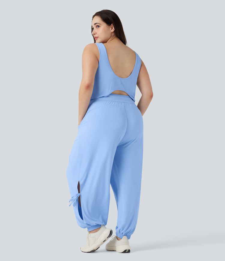 Plus Size Cut Out Drawstring Cool Touch Yoga Jumpsuit with Pockets-UPF50+