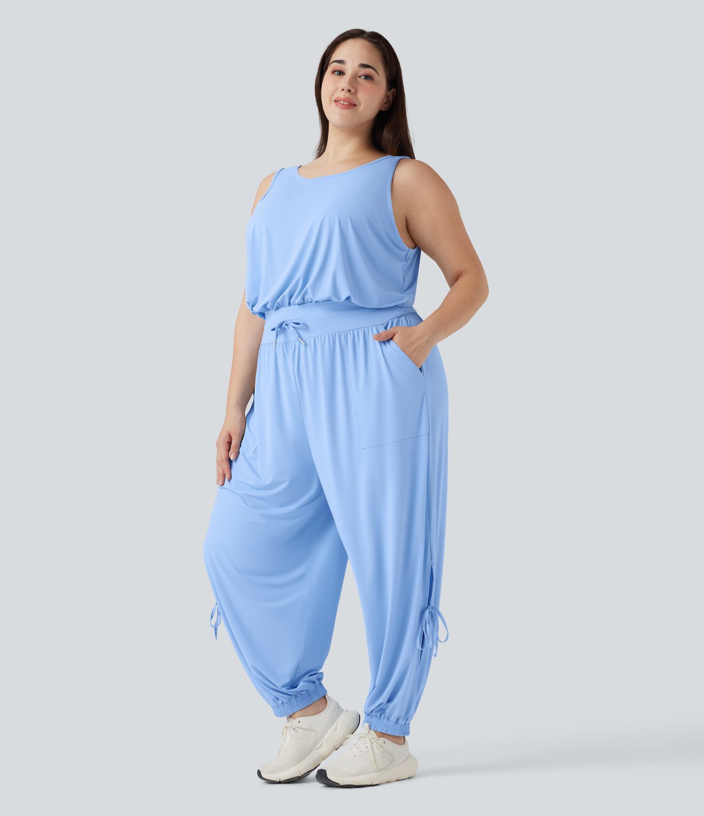 Plus Size Cut Out Drawstring  Yoga Jumpsuit with Pockets-UPF50+