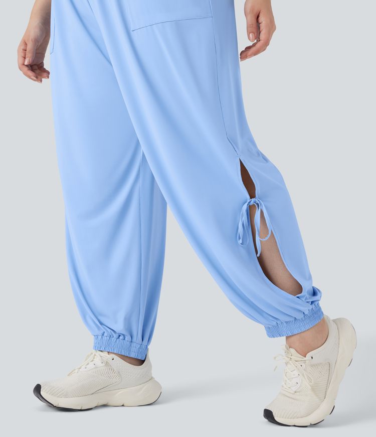 Plus Size Cut Out Drawstring Cool Touch Yoga Jumpsuit with Pockets-UPF50+