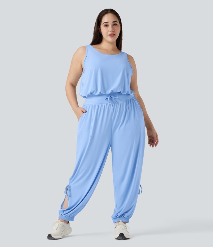 Plus Size Cut Out Drawstring Cool Touch Yoga Jumpsuit with Pockets-UPF50+