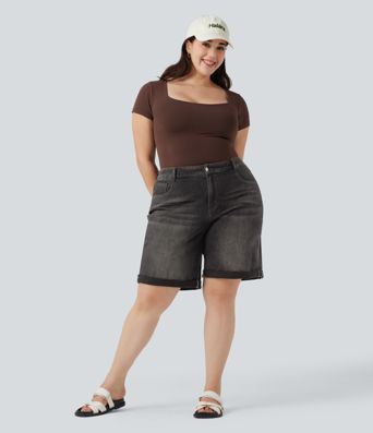 Bermudas Halara Flex™ Denim tiro alto múltiple bolsillo dobladillo enrollado vaquero elástico lavado talla grande