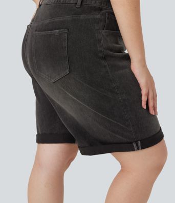 Bermudas Halara Flex™ Denim tiro alto múltiple bolsillo dobladillo enrollado vaquero elástico lavado talla grande