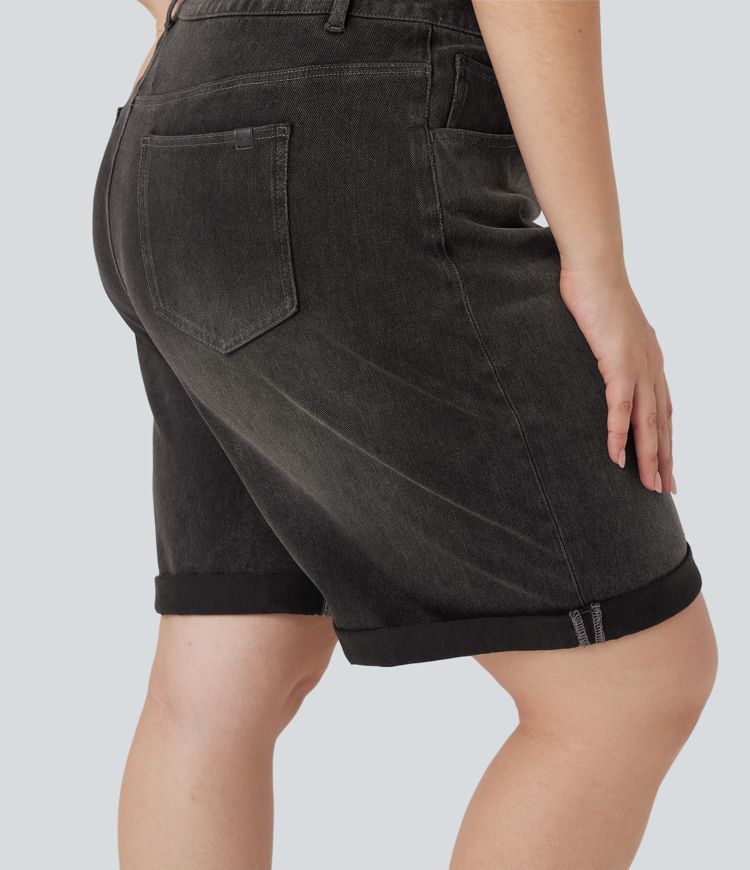 Bermudas Halara Flex™ Denim tiro alto múltiple bolsillo dobladillo enrollado vaquero elástico lavado talla grande