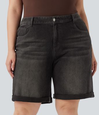 Bermudas Halara Flex™ Denim tiro alto múltiple bolsillo dobladillo enrollado vaquero elástico lavado talla grande