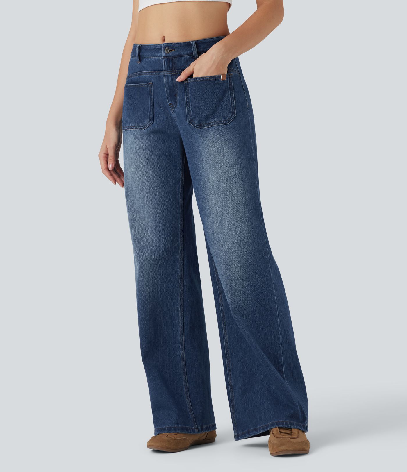 Halara Flex™ Mid Rise Wide Leg Washed Casual Jeans with Pockets