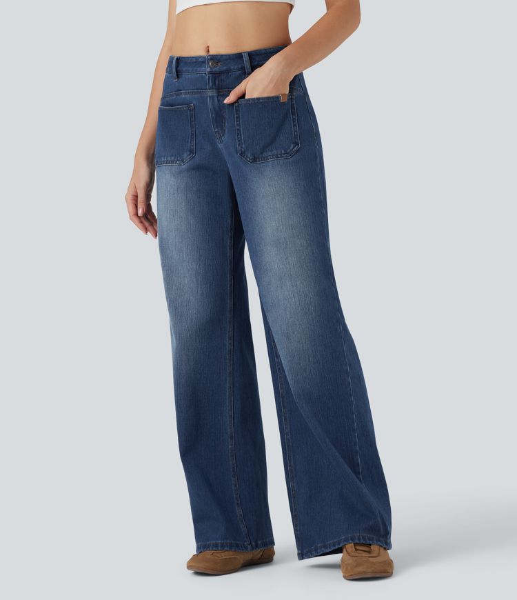 Halara Flex™ Mid Rise Wide Leg Washed Casual Jeans with Pockets