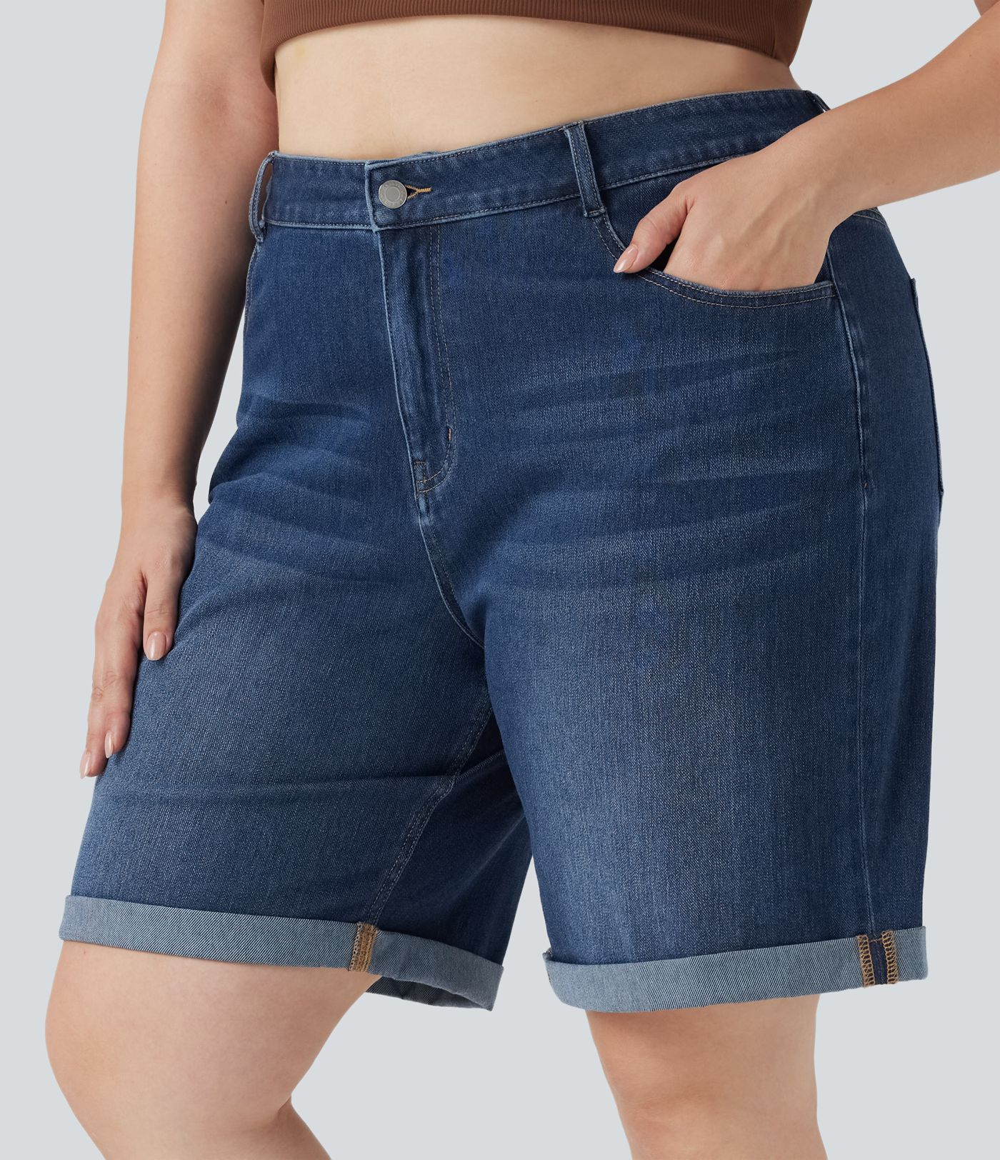 Halara Flex™ High Waisted Multiple Pockets Rolled Hem Washed Stretchy Knit Denim Casual Plus Size Bermuda Shorts
