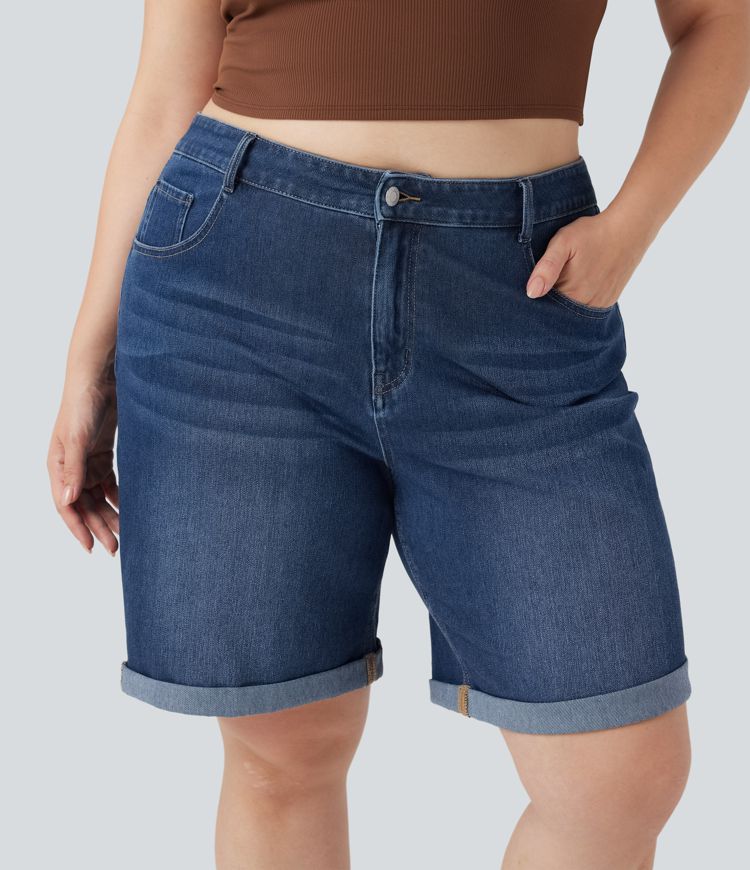 Halara Flex™ High Waisted Multiple Pockets Rolled Hem Washed Stretchy Knit Denim Casual Plus Size Bermuda Shorts
