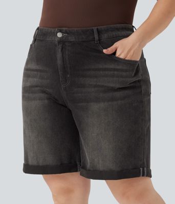 Bermudas Halara Flex™ Denim tiro alto múltiple bolsillo dobladillo enrollado vaquero elástico lavado talla grande