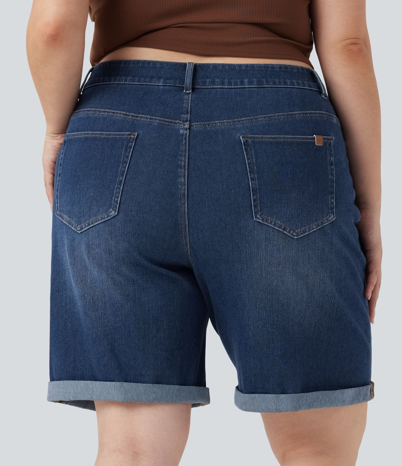 Halara Flex™ High Waisted Multiple Pockets Rolled Hem Washed Stretchy Knit Denim Casual Plus Size Bermuda Shorts