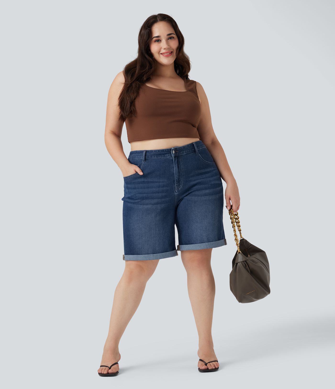 Halara Flex™ High Waisted Multiple Pockets Rolled Hem Washed Stretchy Knit Denim Casual Plus Size Bermuda Shorts