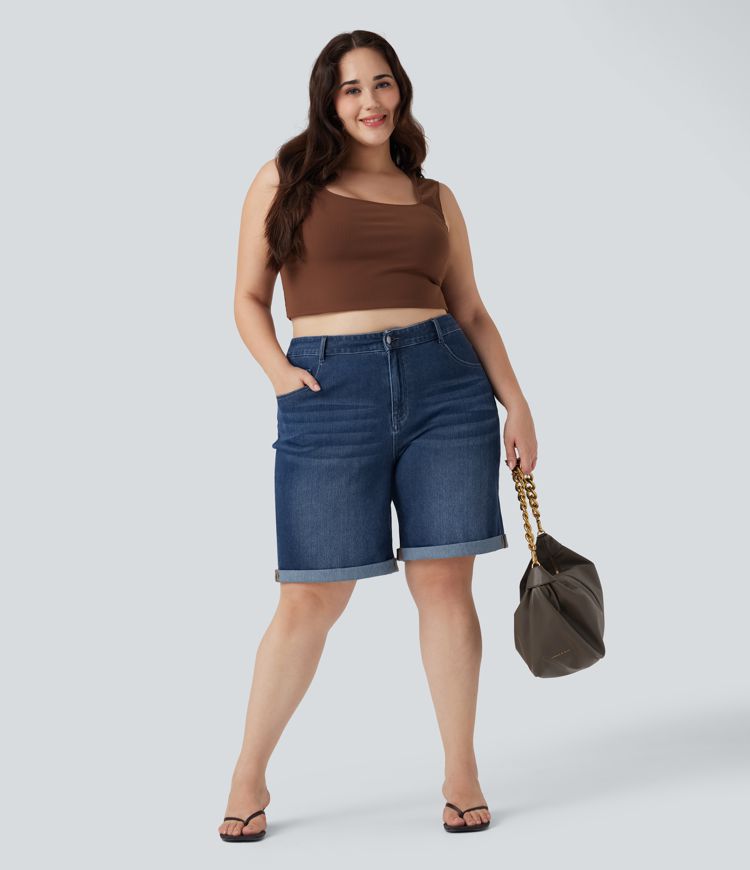 Halara Flex™ High Waisted Multiple Pockets Rolled Hem Washed Stretchy Knit Denim Casual Plus Size Bermuda Shorts