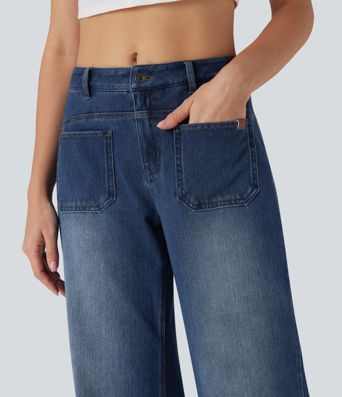 Halara Flex™ Mid Rise Wide Leg Washed Casual Jeans with Pockets
