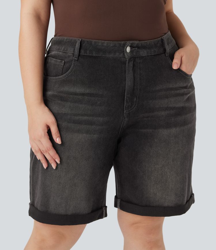 Bermudas Halara Flex™ Denim tiro alto múltiple bolsillo dobladillo enrollado vaquero elástico lavado talla grande