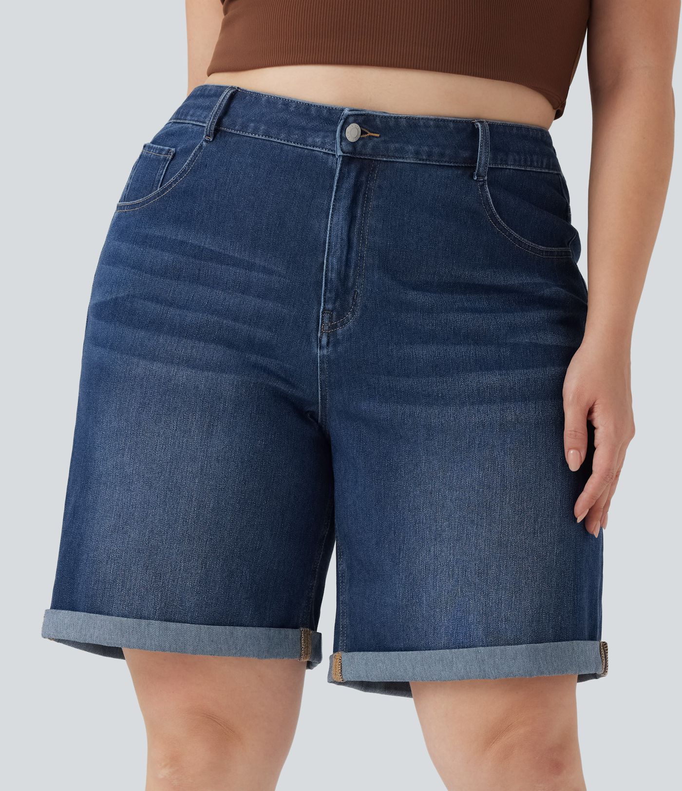 Halara Flex™ High Waisted Multiple Pockets Rolled Hem Washed Stretchy Knit Denim Casual Plus Size Bermuda Shorts