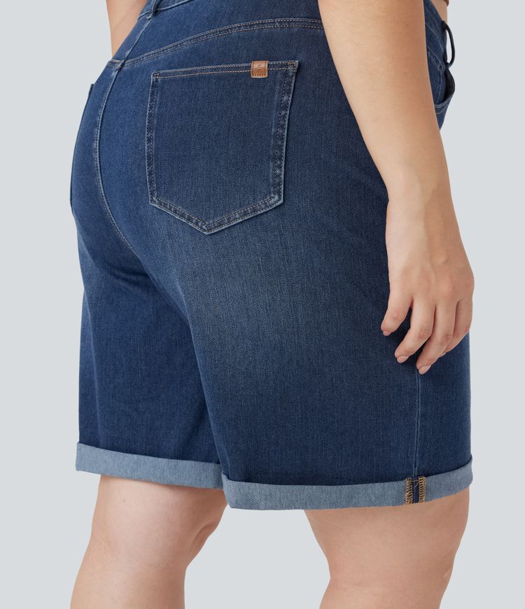 Halara Flex™ High Waisted Multiple Pockets Rolled Hem Washed Stretchy Knit Denim Casual Plus Size Bermuda Shorts