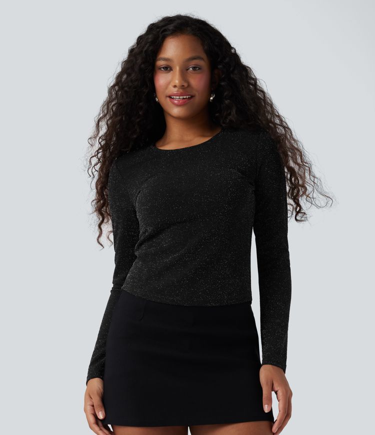 Round Neck Long Sleeve Metallic Top