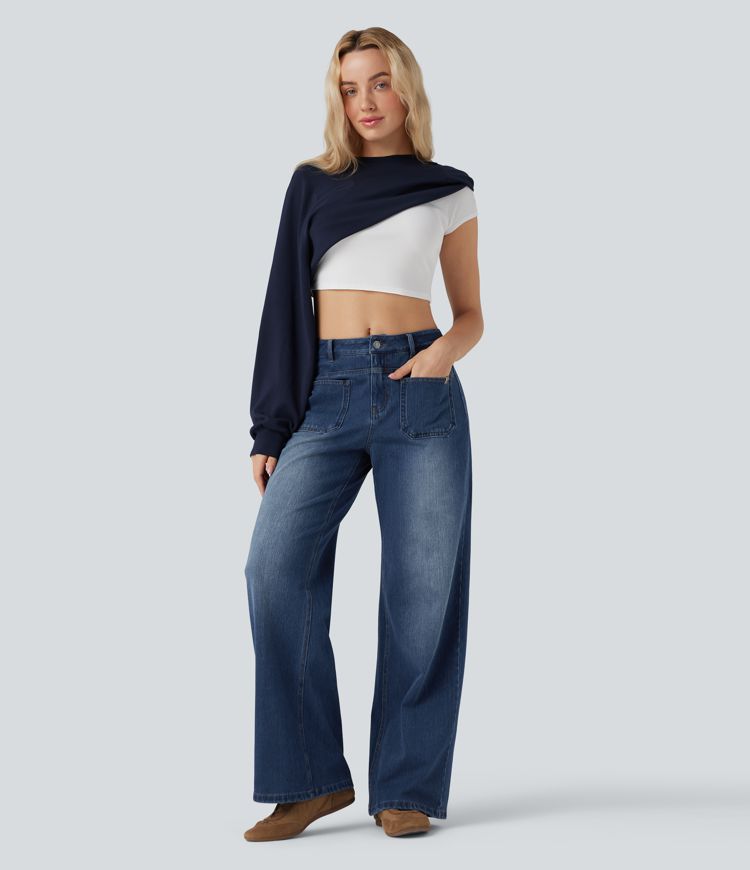Halara Flex™ Mid Rise Wide Leg Washed Casual Jeans with Pockets