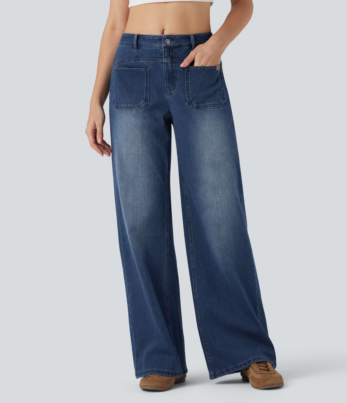 Halara Flex™ Mid Rise Wide Leg Washed Casual Jeans with Pockets