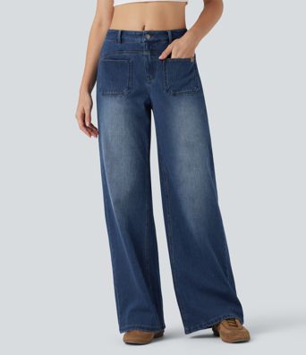 Halara Flex™ Mid Rise Wide Leg Washed Casual Jeans with Pockets