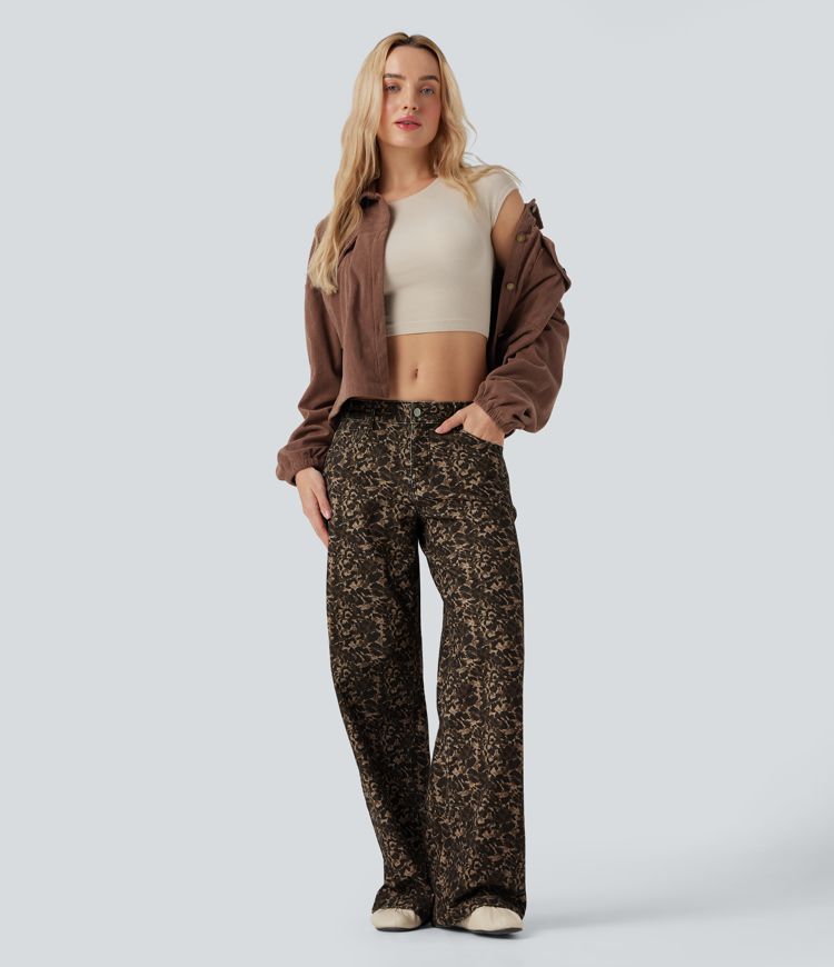 Halara Flex™ Leoprd Print Low Rise Wide Leg Casual Jeans with Pockets