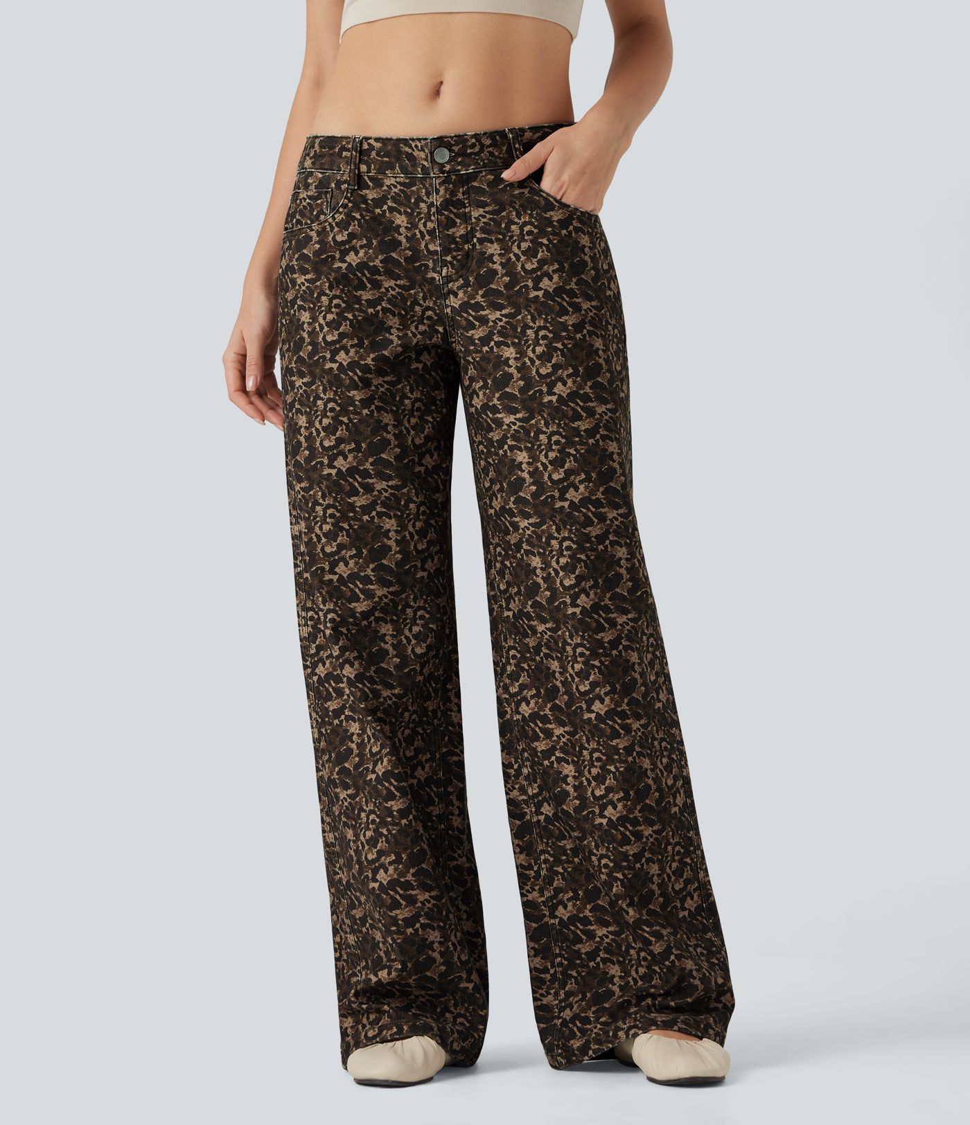 Halara Flex™ Leoprd Print Low Rise Wide Leg Casual Jeans with Pockets