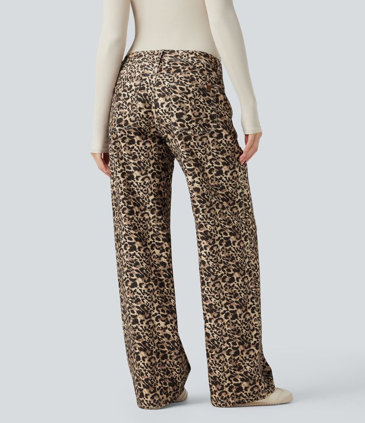 Halara Flex™ Leoprd Print Low Rise Wide Leg Casual Jeans with Pockets