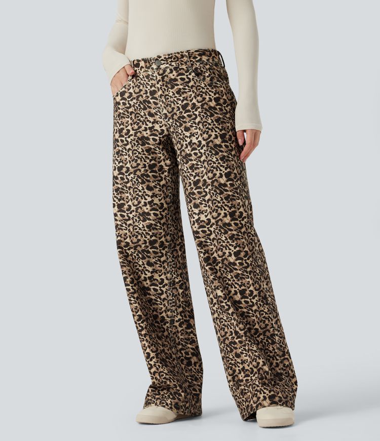 Halara Flex™ Leoprd Print Low Rise Wide Leg Casual Jeans with Pockets