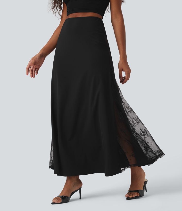 SoftlyZero™ Airy High Waisted Contrast Lace Flowy Cool Touch Maxi Skirt
