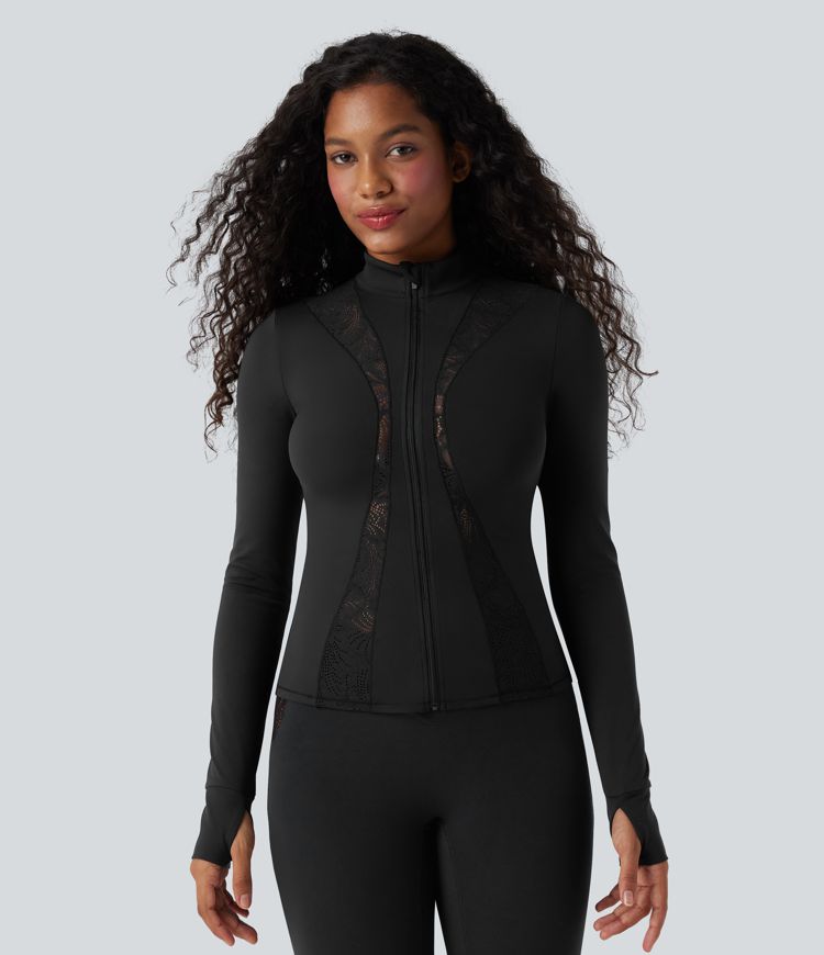 SoftlyZero™ Thumb Hole Contrast Lace Yoga Slim Jacket-UPF50+