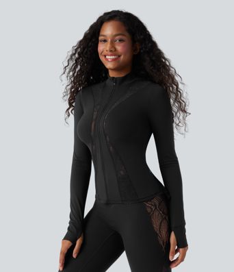 SoftlyZero™ Thumb Hole Contrast Lace Yoga Slim Jacket-UPF50+