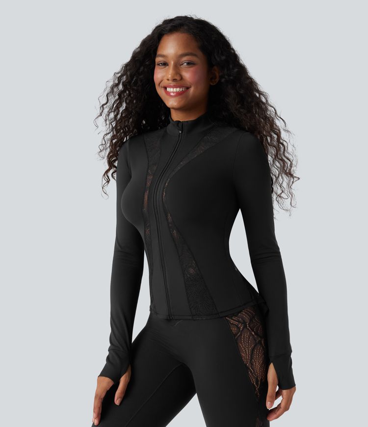 SoftlyZero™ Thumb Hole Contrast Lace Yoga Slim Jacket-UPF50+