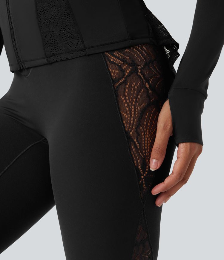 SoftlyZero™ Thumb Hole Contrast Lace Yoga Slim Jacket-UPF50+