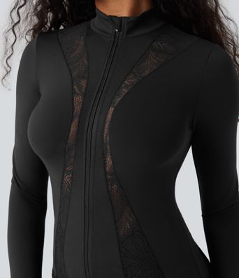 SoftlyZero™ Thumb Hole Contrast Lace Yoga Slim Jacket-UPF50+