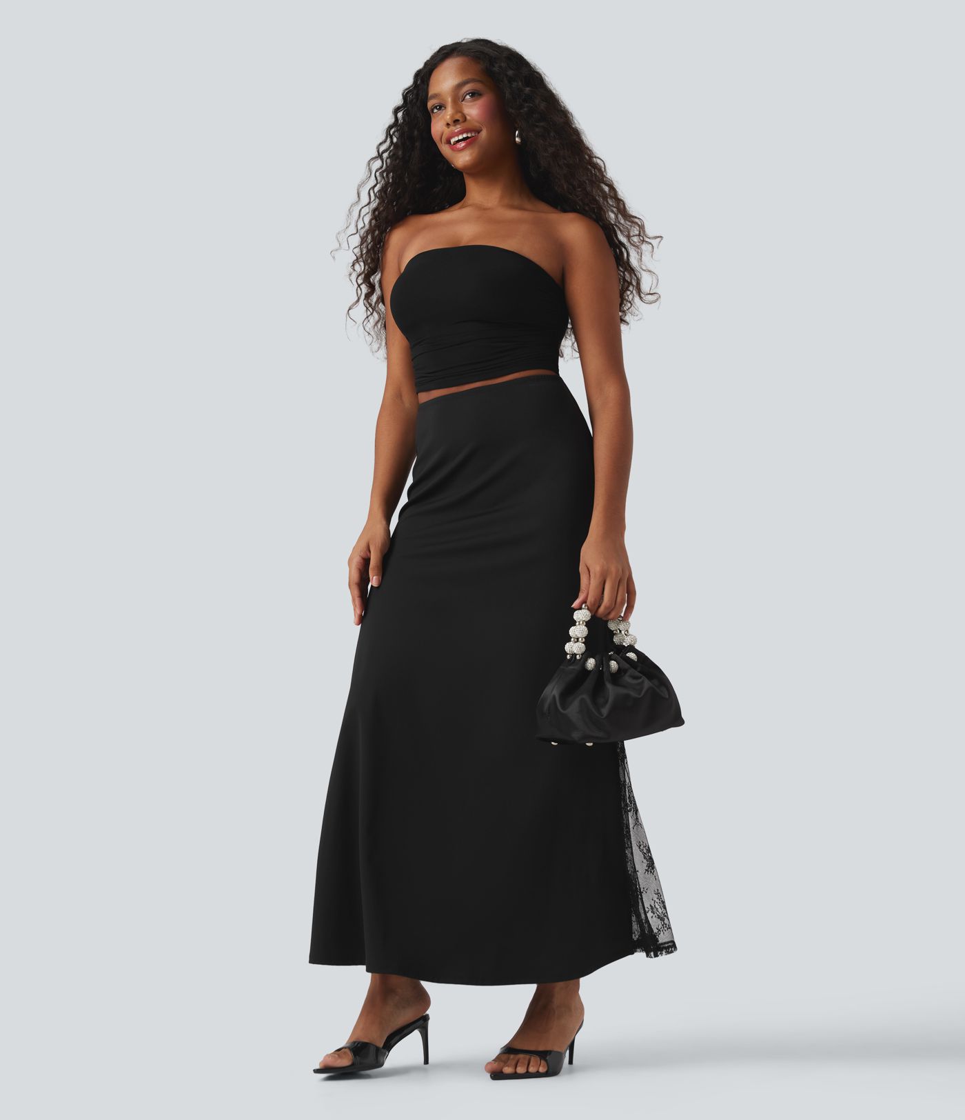 SoftlyZero™ Airy High Waisted Contrast Lace Flowy  Maxi Skirt