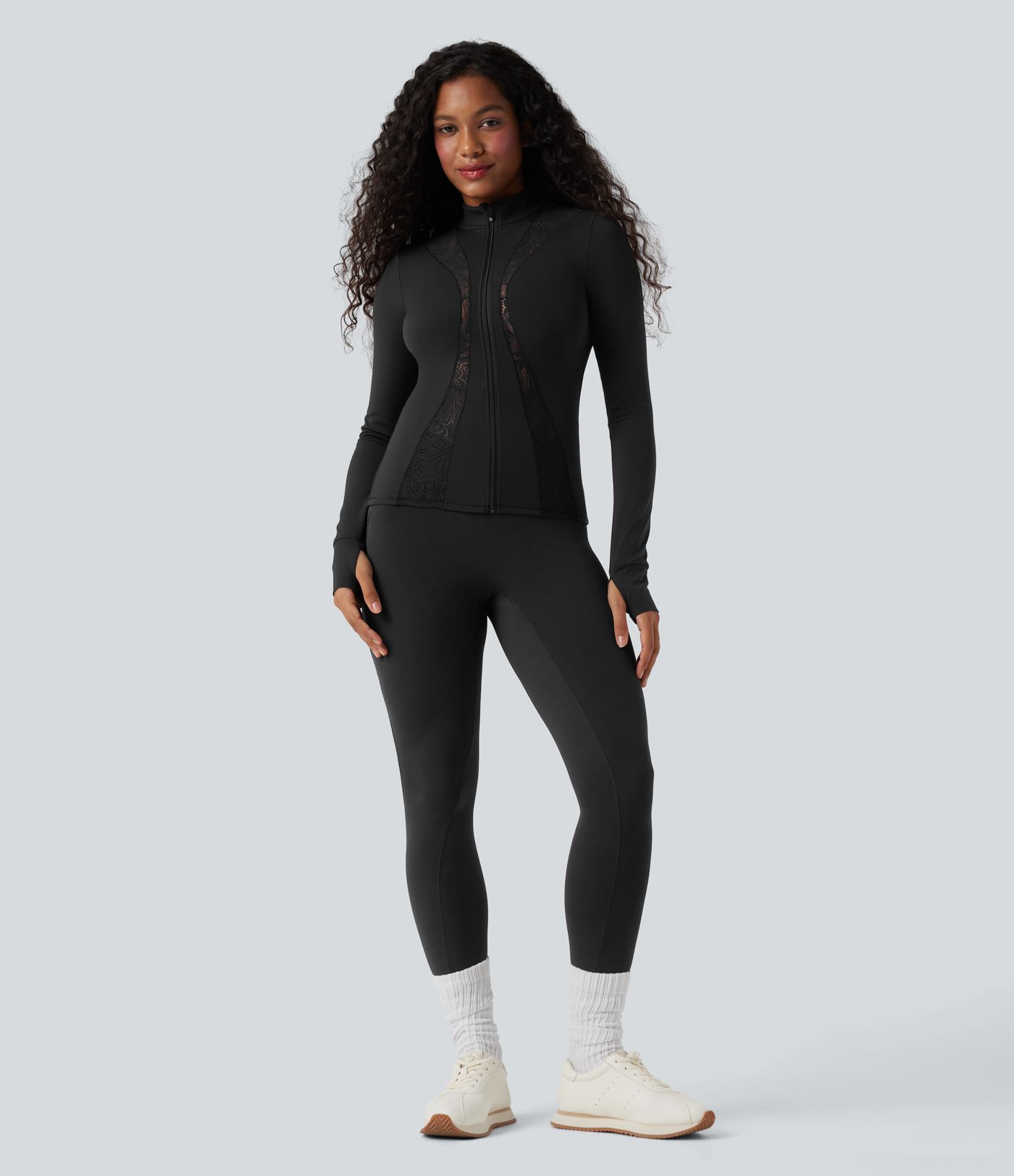 SoftlyZero™ Thumb Hole Contrast Lace Yoga Slim Jacket-UPF50+