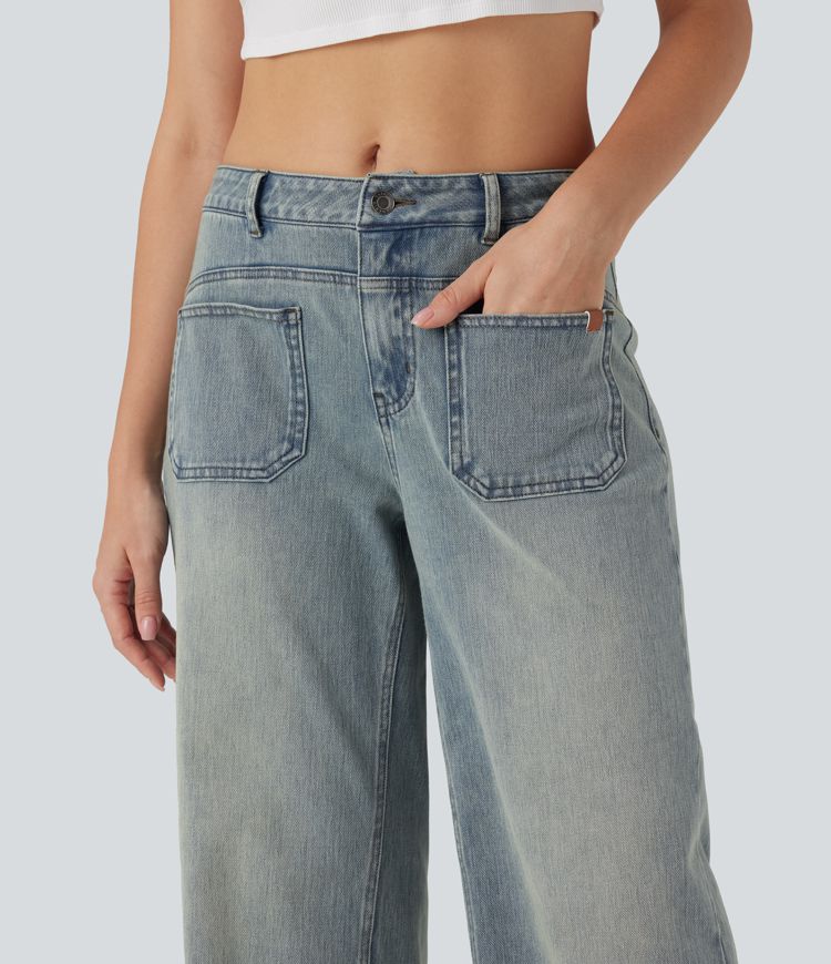 Halara Flex™ Mid Rise Wide Leg Washed Casual Jeans with Pockets