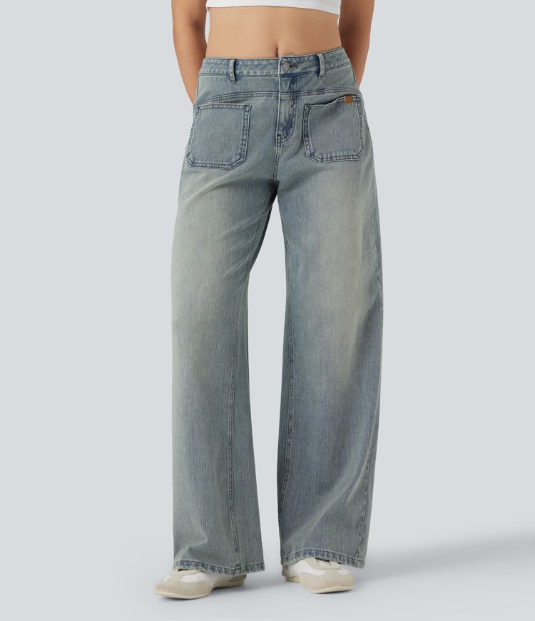 Halara Flex™ Mid Rise Wide Leg Washed Casual Jeans with Pockets