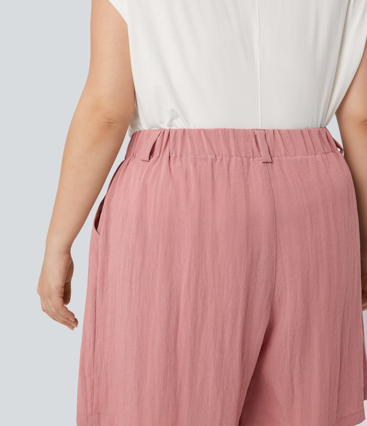 High Waisted Linen-Feel Casual Plus Size Bermuda Shorts with Pockets