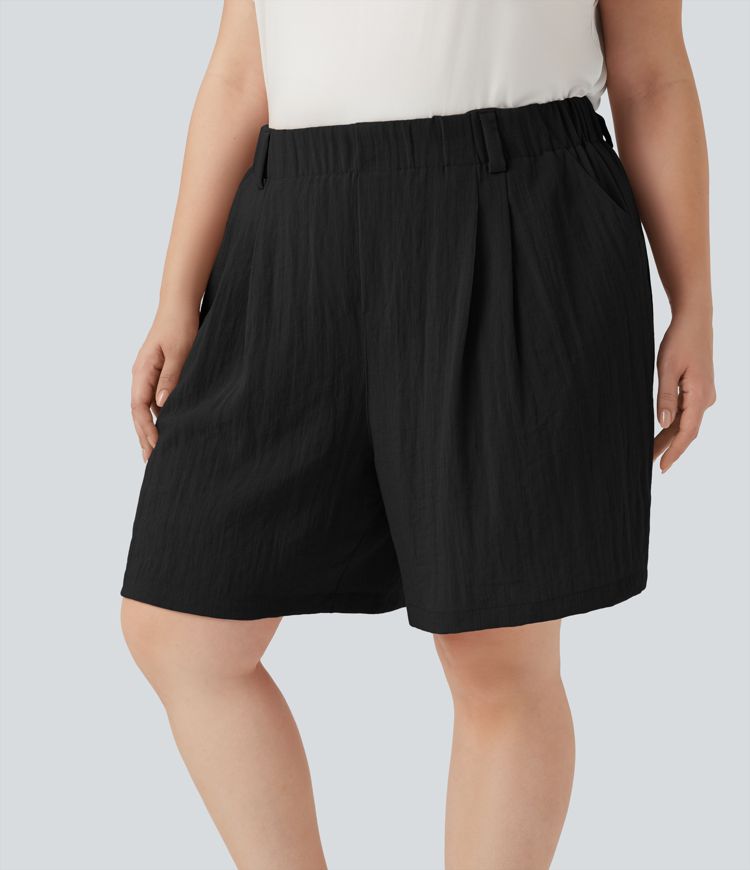 High Waisted Linen-Feel Casual Plus Size Bermuda Shorts with Pockets