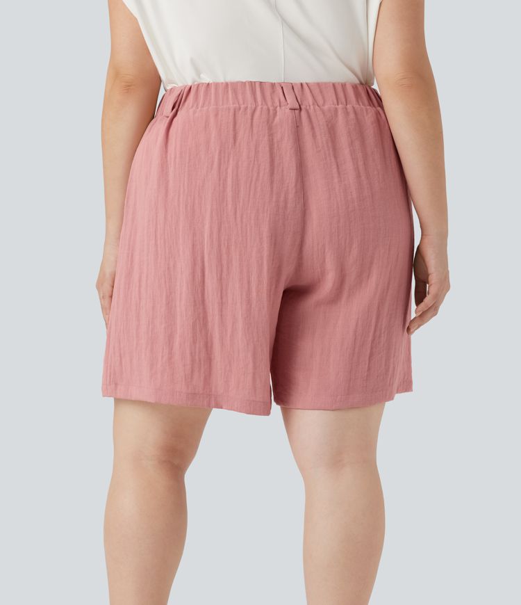 High Waisted Linen-Feel Casual Plus Size Bermuda Shorts with Pockets