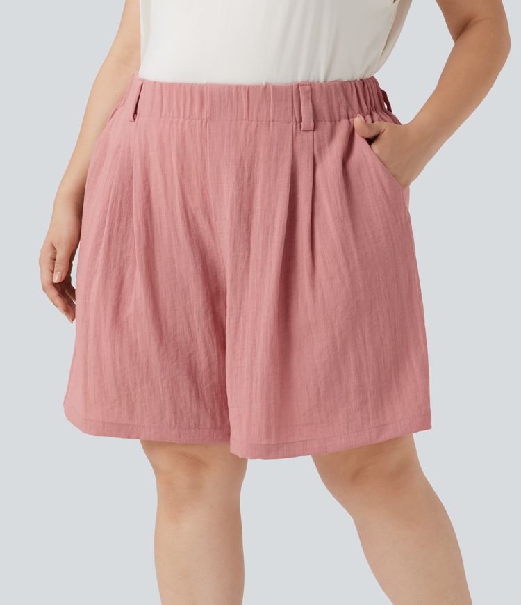 High Waisted Linen-Feel Casual Plus Size Bermuda Shorts with Pockets